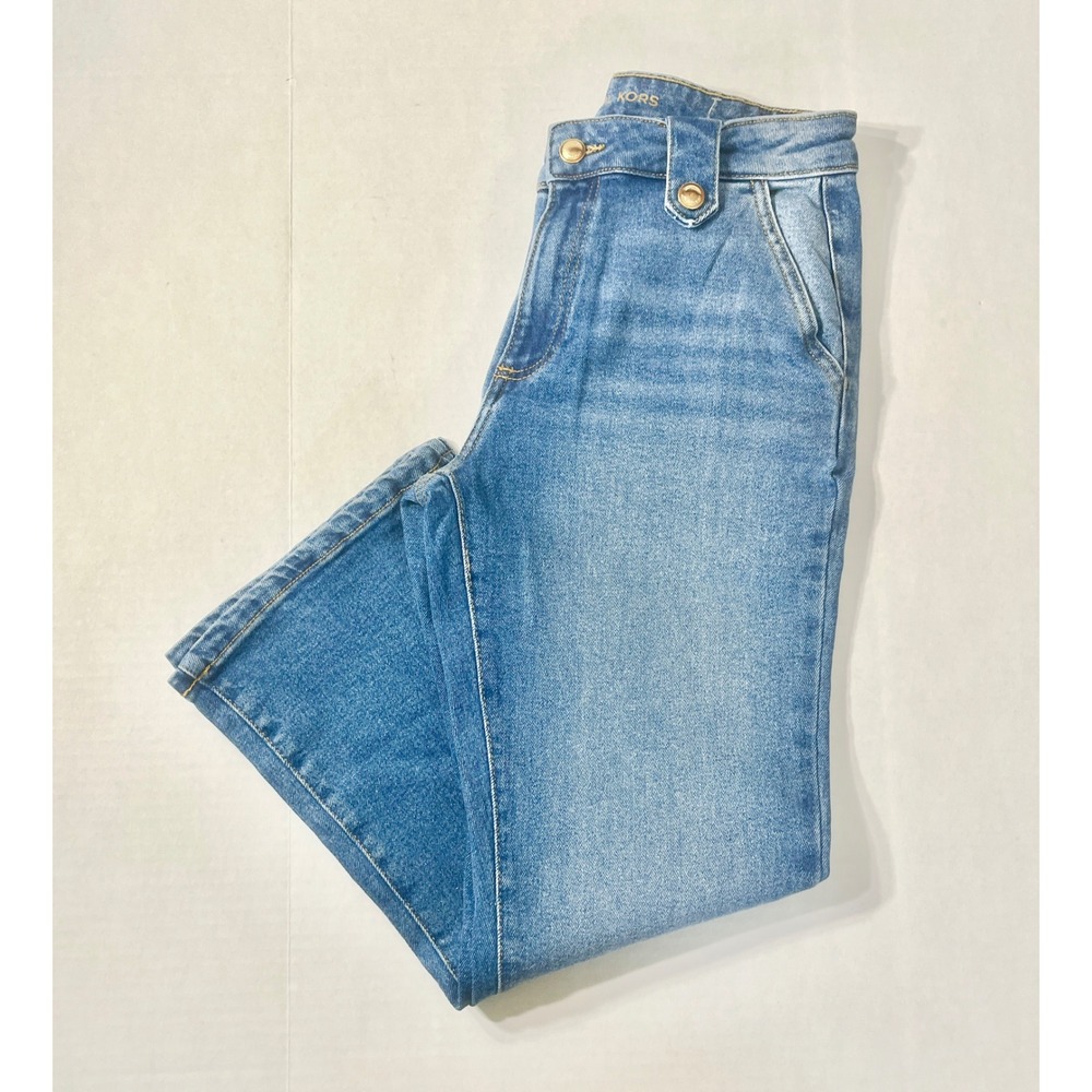 Michael Kors Crop Flare Jeans Women Size 4 Blue Sailor Button Medium Wash
